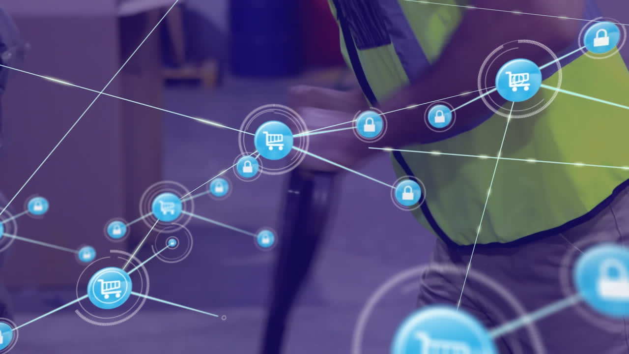 red de iconos digitales contra la sección media del trabajador masculino que usa paleta en el almacén