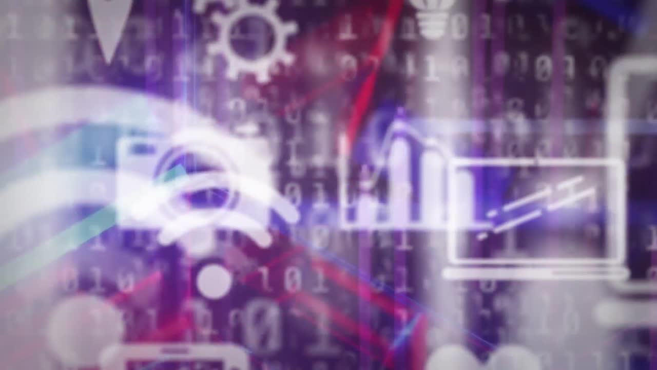 animación de iconos flotantes y lenguaje de programación sobre el techo del túnel multicolor