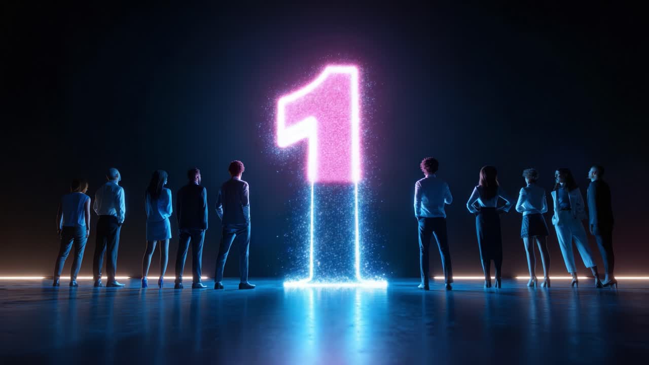 A mesmerizing visual journey through the vibrant transformation of a glowing digital number one, showcasing a captivating display of particles and light while a diverse group observes in awe