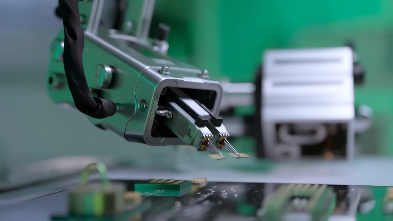 Close-up of a metal machine assembly in an industrial workspace, with mechanical parts, cables, and precision equipment standing out against a softly blurred