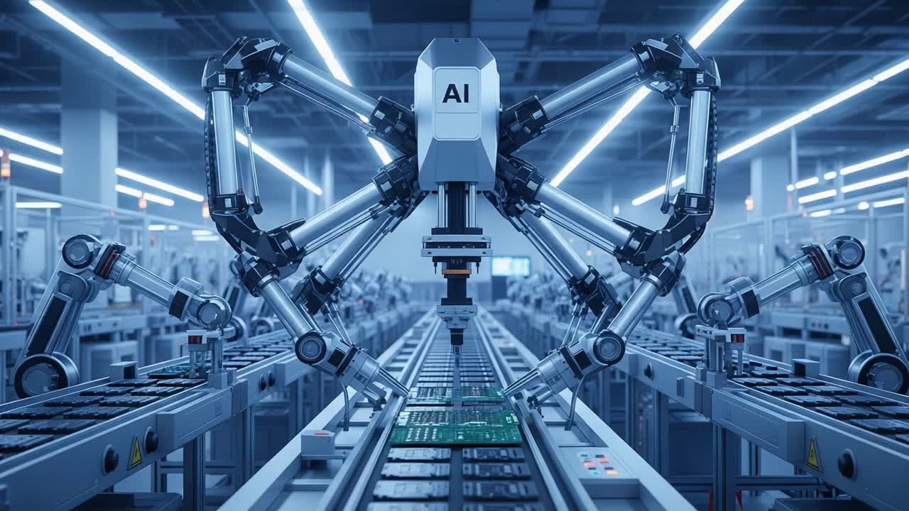 A highly advanced AI robot with multiple arms meticulously assembles electronic components on a production line in a futuristic manufacturing facility, showcasing cutting-edge technology.
