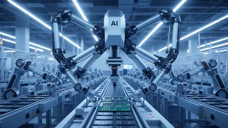 a highly advanced ai robot with multiple arms meticulously assembles electronic components on a production line in a futuristic manufacturing facility, showcasing cutting-edge technology.