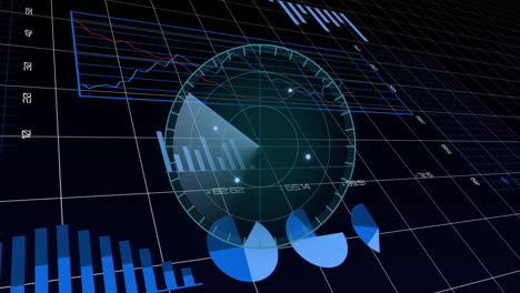futuristic digital dashboard presenting sweeping radar chart and scrolling line graph in 3d render