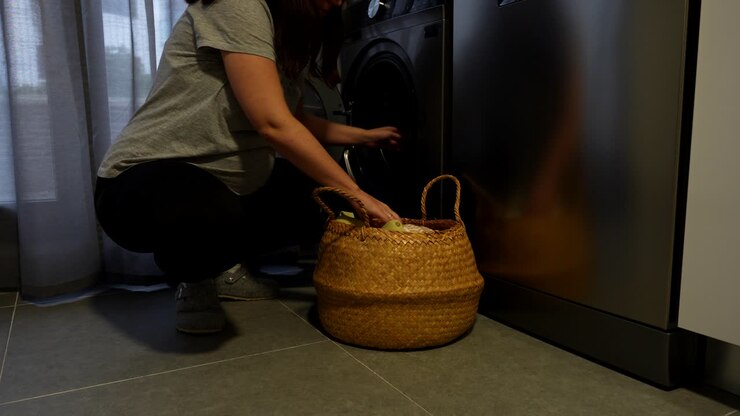 Pregnant woman loads baby clothes into washing machine at home, soft and calm moment