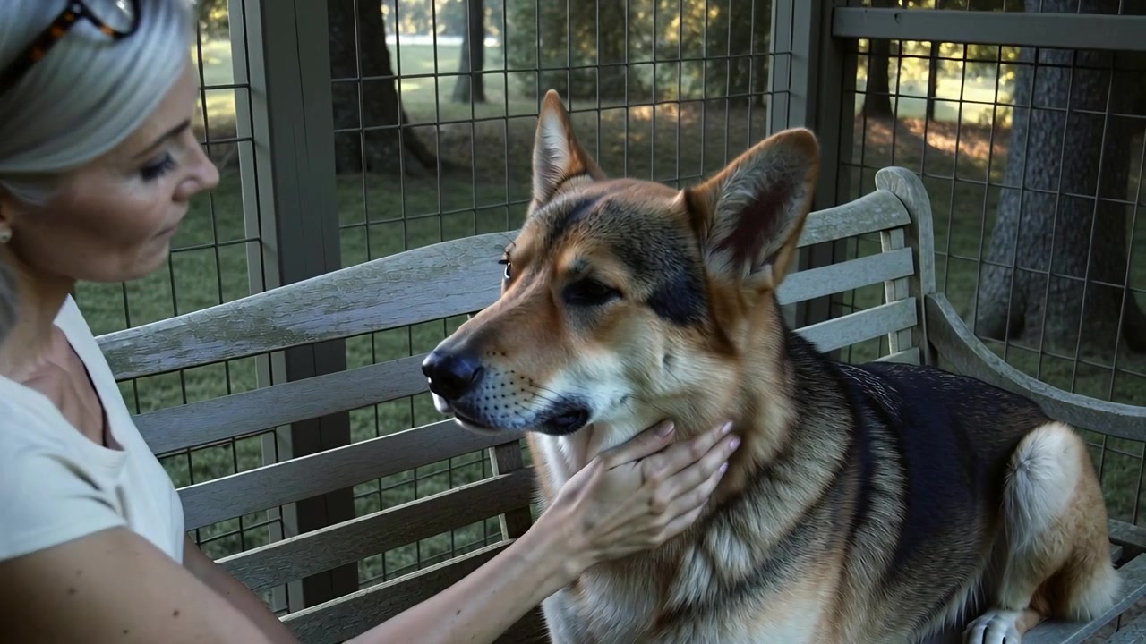 Leaning owner wearing sunglasses petting and calming shepherd dog on bench in screened porch