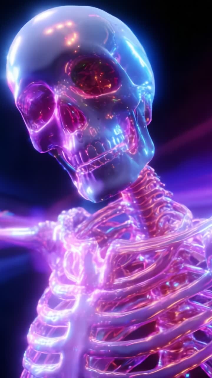 Uno scheletro neon vivido che mostra straordinari colori luminosi con una miscela artistica di scienza e arte in un rendering digitale accattivante