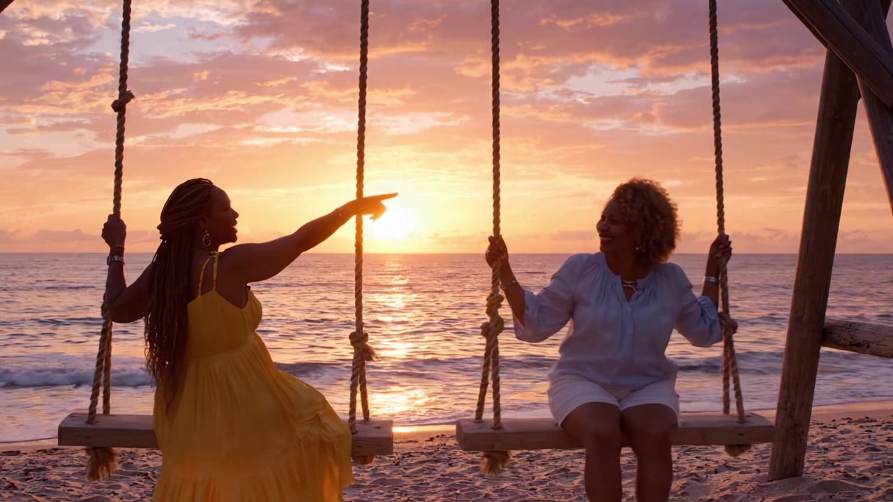 Two Friends Enjoy a Serene Swinging Moment at Sunset, Capturing the Essence of Friendship and Nature's Beauty by the Ocean