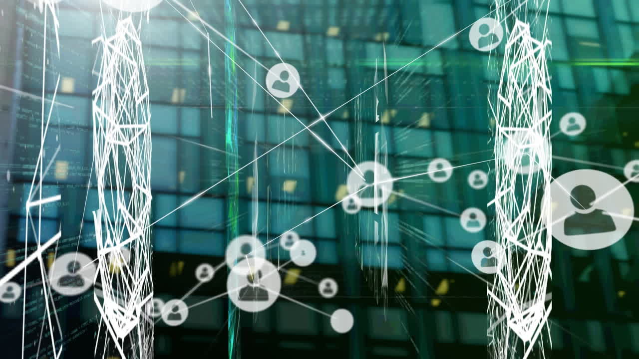 Animation of network of connections with icons over cityscape