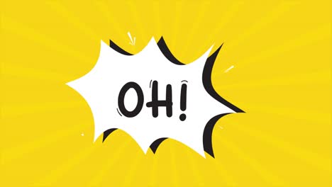 una animación de dibujos animados de tira cómica, con la palabra oh apareciendo. fondo amarillo y de medio tono, efecto de forma de estrella
