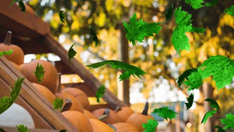 animation of autumn leaves falling over pumpkins on shelves