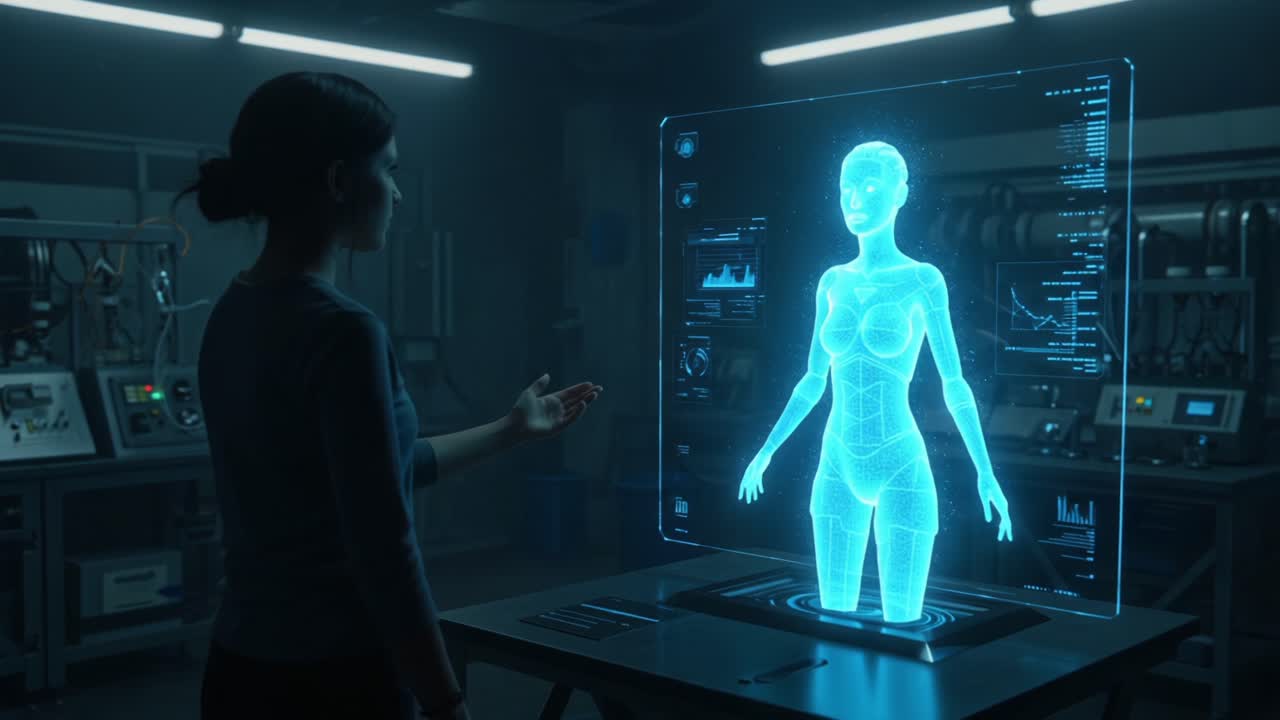 A futuristic exploration of digital human representation, showcasing a holographic display of a virtual figure with intricate data visualizations in a high-tech laboratory environment