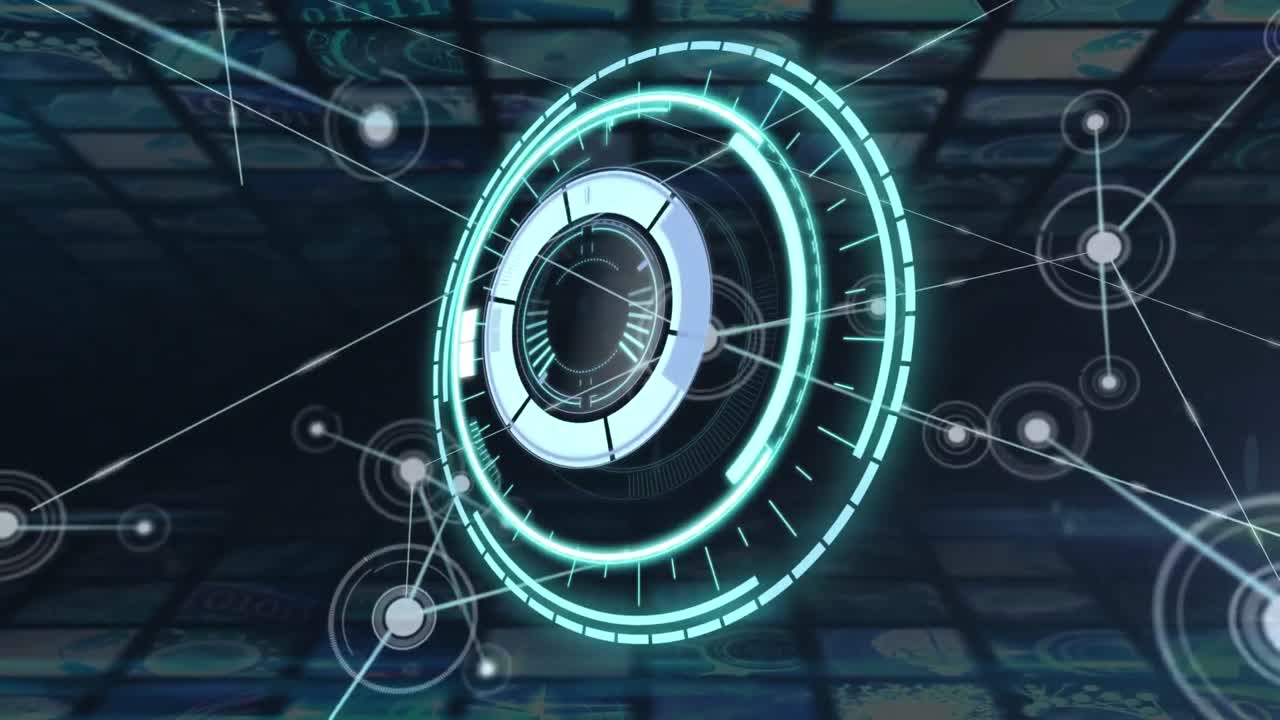Animazione di scanner circolare e rete di connessioni su elaborazione dati su sfondo blu