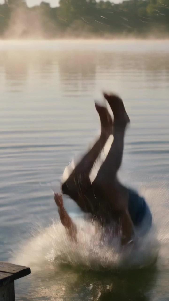 Video verticale: Uomo che si sporge e si lancia in un salto da un molo nel lago, con una maglietta bianca, creando uno schizzo, con spazio per il testo.