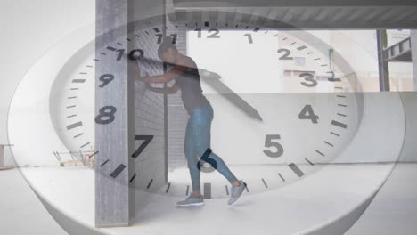 animation of clock ticking over african american woman exercising