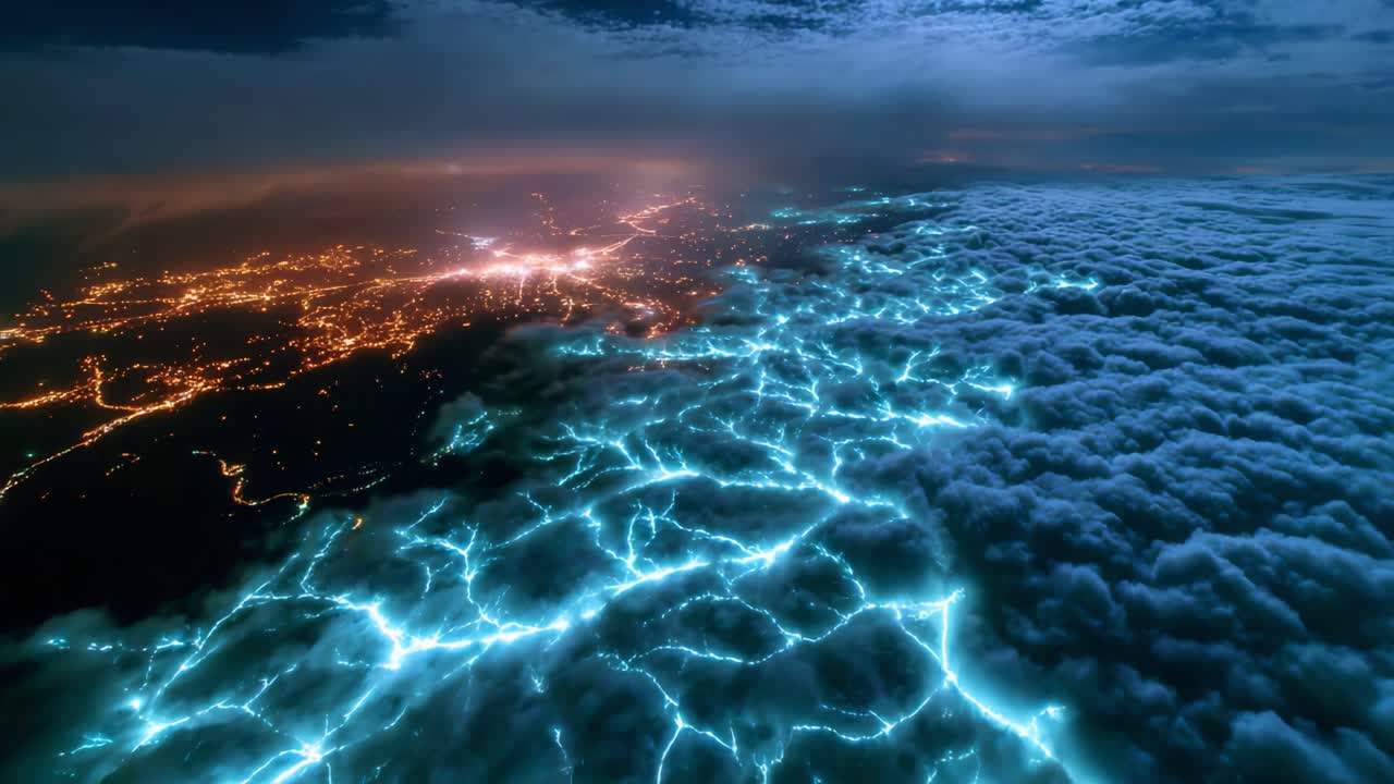 A Stunning Aerial View of Electric Blue Lightning Patterns Illuminating the Cloud Layer Above a Cityscape, Capturing the Intricate Connection Between Natural Phenomena and Human Activity at Night