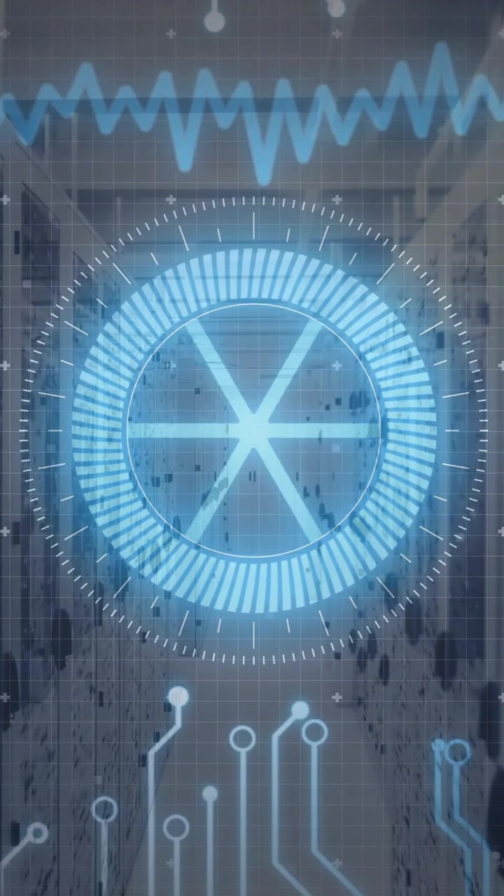 Digital circuit patterns and data processing animation over server room background