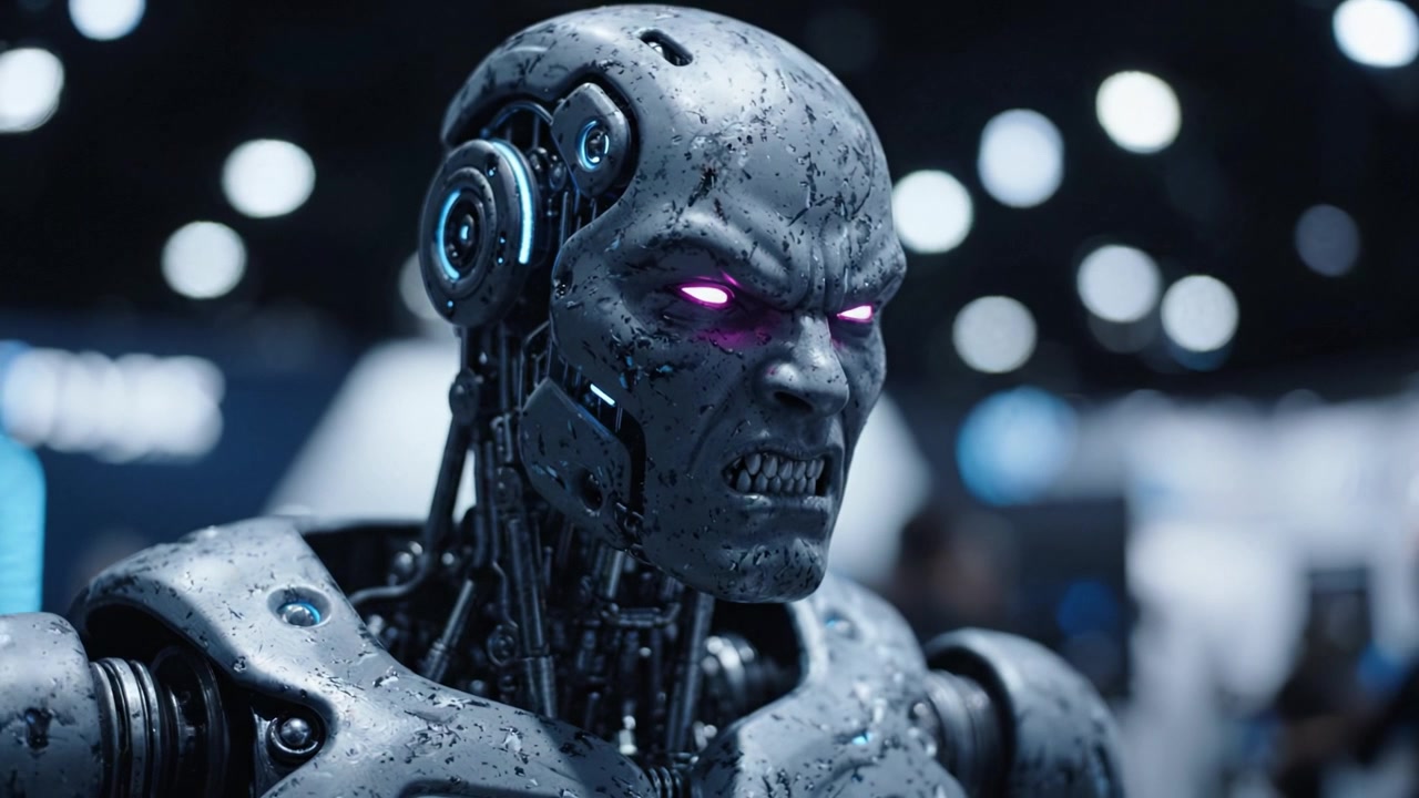 Una minacciosa figura robotica con occhi luminosi si staglia su uno sfondo sfocato, mettendo in mostra intricati dettagli meccanici e un'espressione feroce in un'ambientazione futuristica.