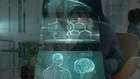 animación del procesamiento de datos y cadena de adn sobre diversas personas de negocios