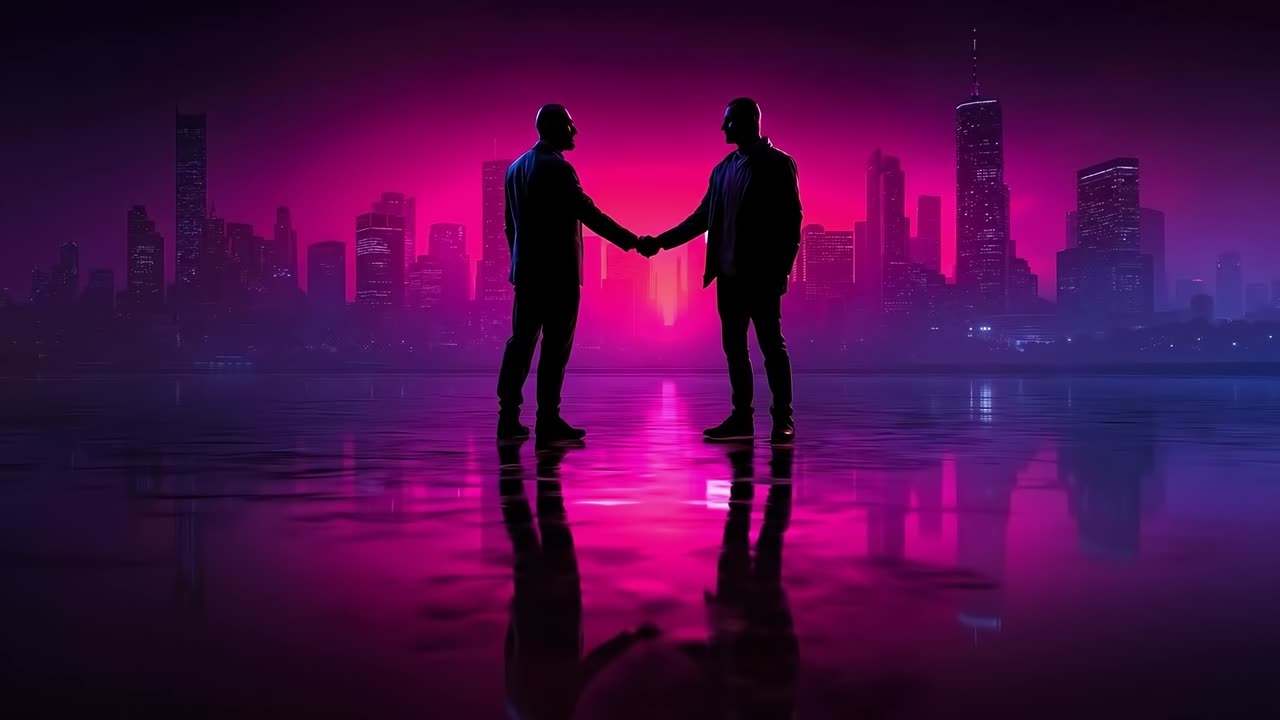 두 남자가 밤에 도시 스카이라인 앞에서 손을 흔들고 있다.