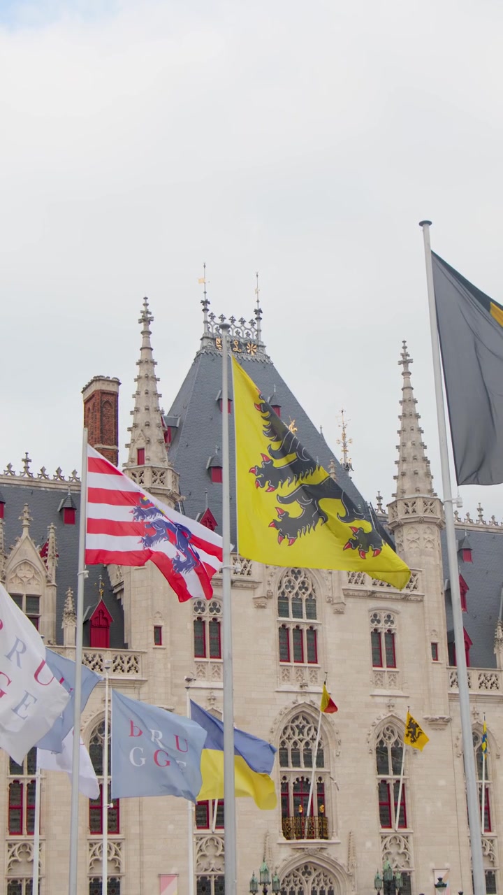National and regional flags wave before ornate medieval city hall in daylight, static shot.