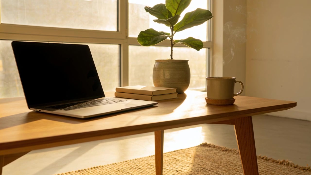 Shifting sunlight crossing wooden table in home office, highlighting laptop, books, plant, mug