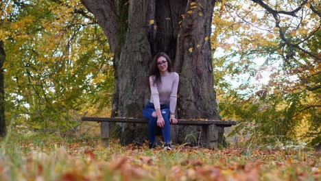 Retrato-De-Una-Adolescente-Típica-En-Un-Banco-Bajo-Un-árbol-Viejo-En-El-Parque-El-Día-De-Otoño