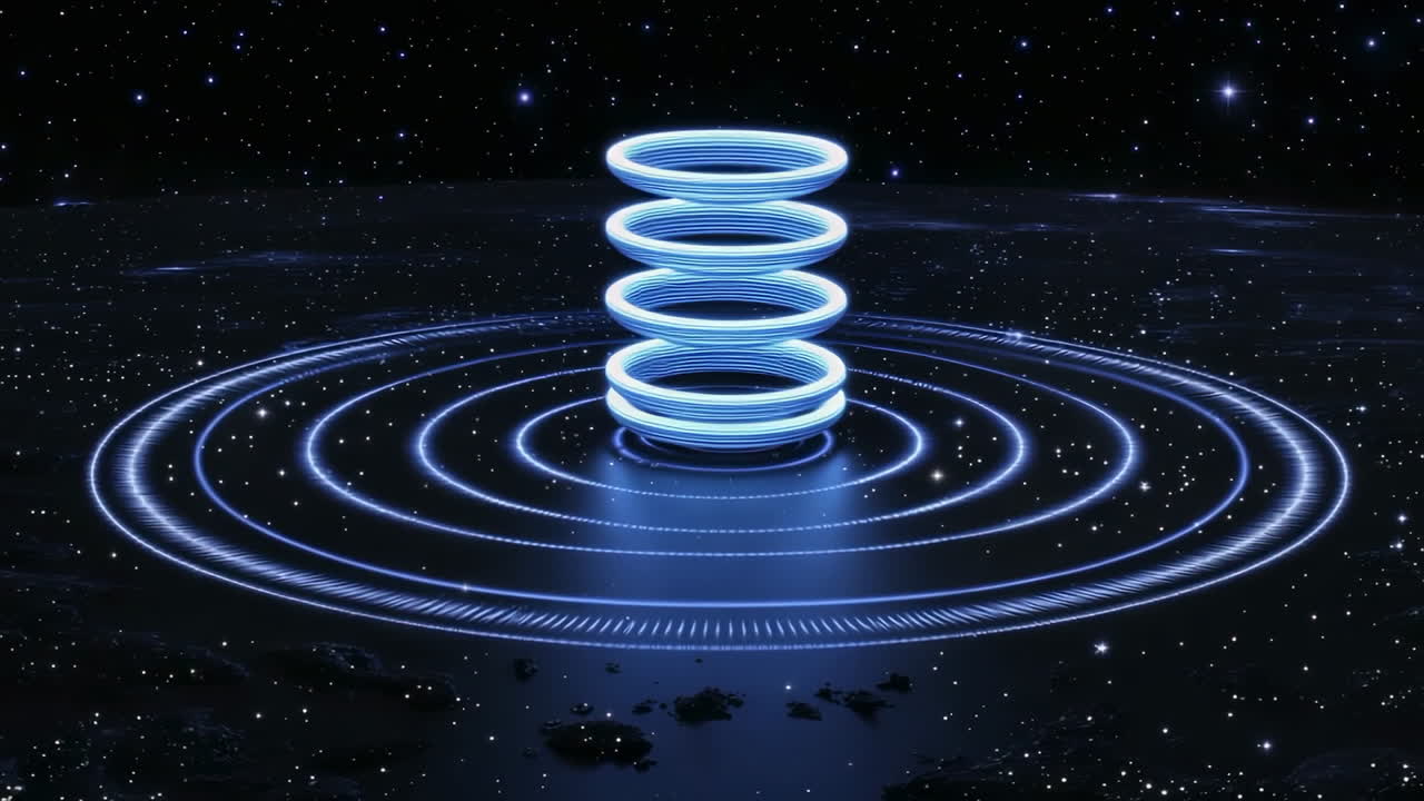 Abstract Sci-Fi Energy Structure in Space with Glowing Blue Rings and Beam