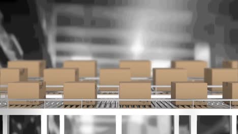 Animation-of-cardboard-boxes-moving-on-conveyor-belts-in-warehouse