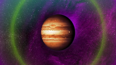 Animation of colourful shapes over planet on sky with stars