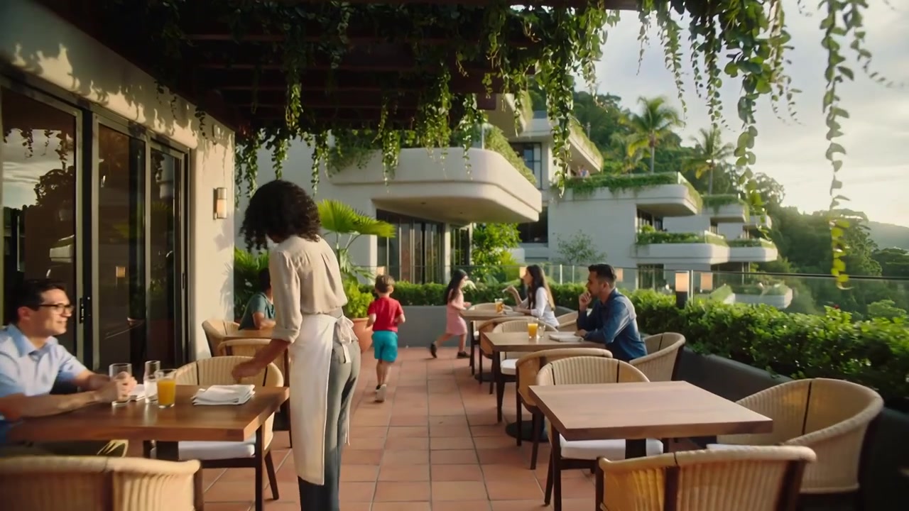 Serving server in apron clearing plates for diners on terrace, watching boy in red shirt walking