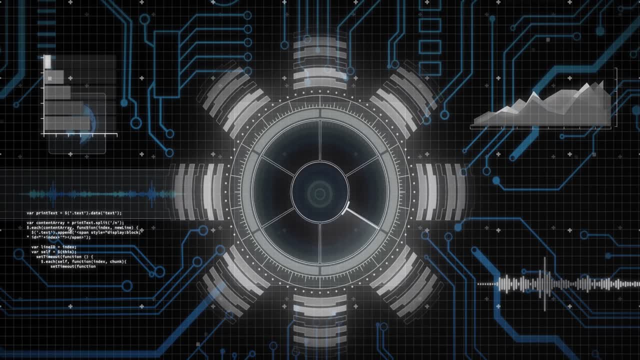 Animation of motherboard and circular scanner processing data on interface with black background