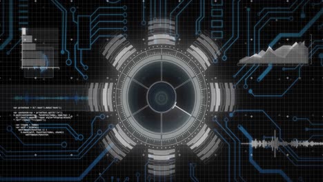 animation of motherboard and circular scanner processing data on interface with black background