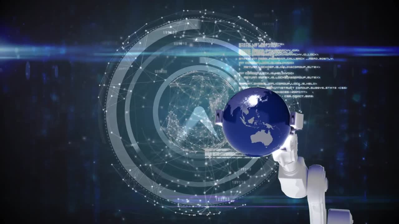 연결 네트워크와 로 ⁇ 이 지구를 잡고 있는 시계의 애니메이션이 빠르게 움직입니다.