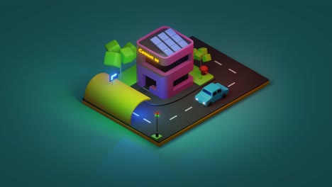 4K-Isometric-3D-Animation-Loop-of-a-car,-3d-Illustration,-Contact-Us-Concept-for-business-Office-Location-office