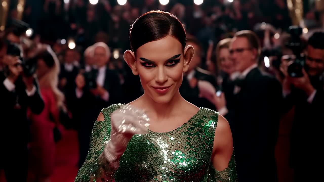 カメラが光るレッドカーペットの上で、グリーンのスパンコールドレスを着た女性が歩きながら、プレスにキスを送って挨拶している。