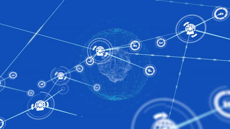 animation of network of digital icons over spinning globe against blue background