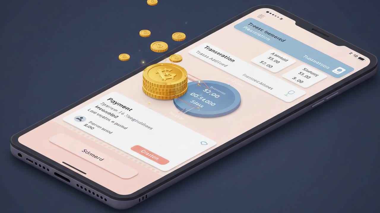 Digital Finance Management App Interface Showing Transactions and Payment Details, Featuring Cryptocurrency Coin Elements and User Interaction Options