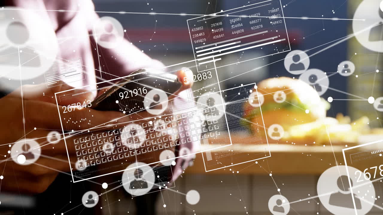 Person using smartphone with digital network and data processing animation overlay