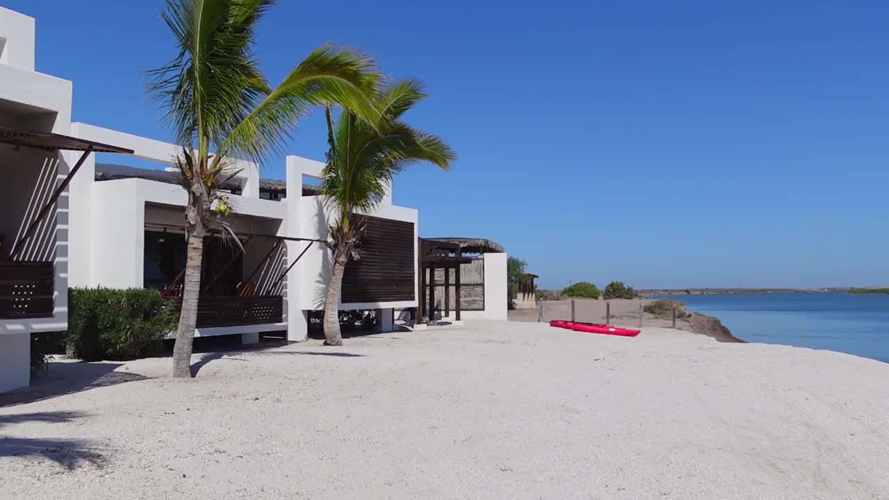 Plano general, vista panorámica de casas blancas cerca de la orilla de Isla Holbox, México, con palmeras movidas por el viento al fondo.