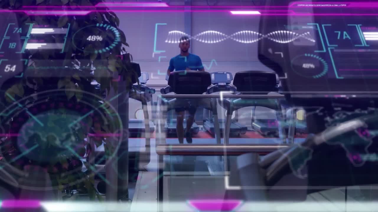 Animation of glowing interface processing data over man using running machine at gym