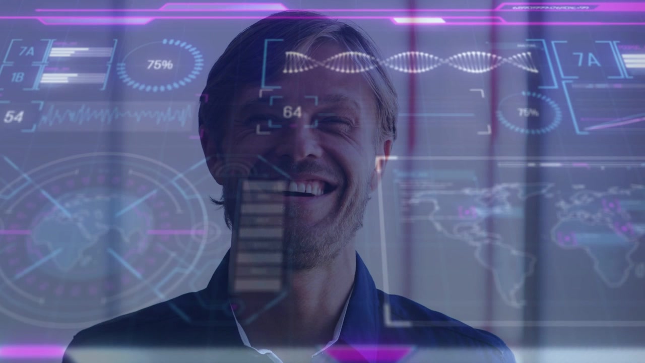 Mid-adult man watching holographic UI updating face-box metrics, reacting, smiling and laughing