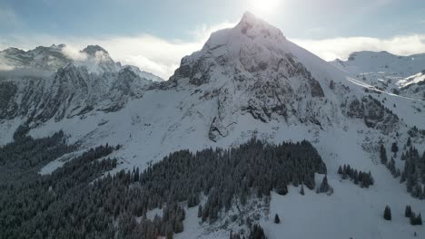 Gegenlicht-Der-Sonne-über-Einem-Scharfen-Berggipfel-Und-Einem-Schneebedeckten-Kiefernwald