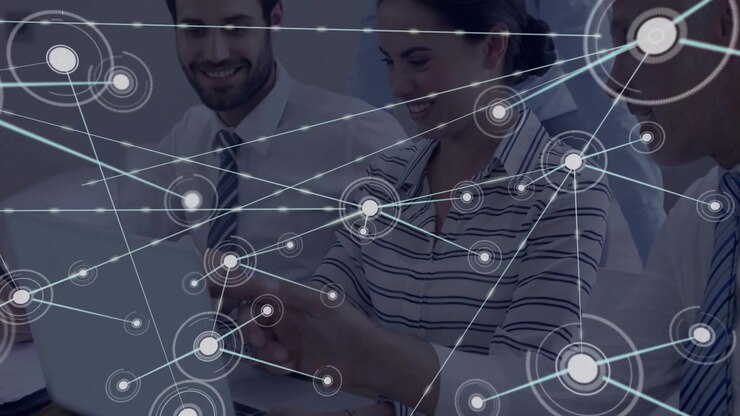 Woman pointing trackpad starting animated network growing over laptop for business data insight