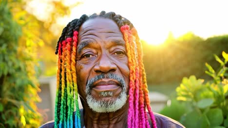 close-up portrait of an older man with colorful dreadlocks