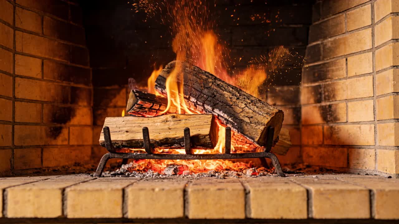 Brasas crepitantes encendiendo leños de madera dura ardiendo en una rejilla metálica en la chimenea de casa, proporcionando calor