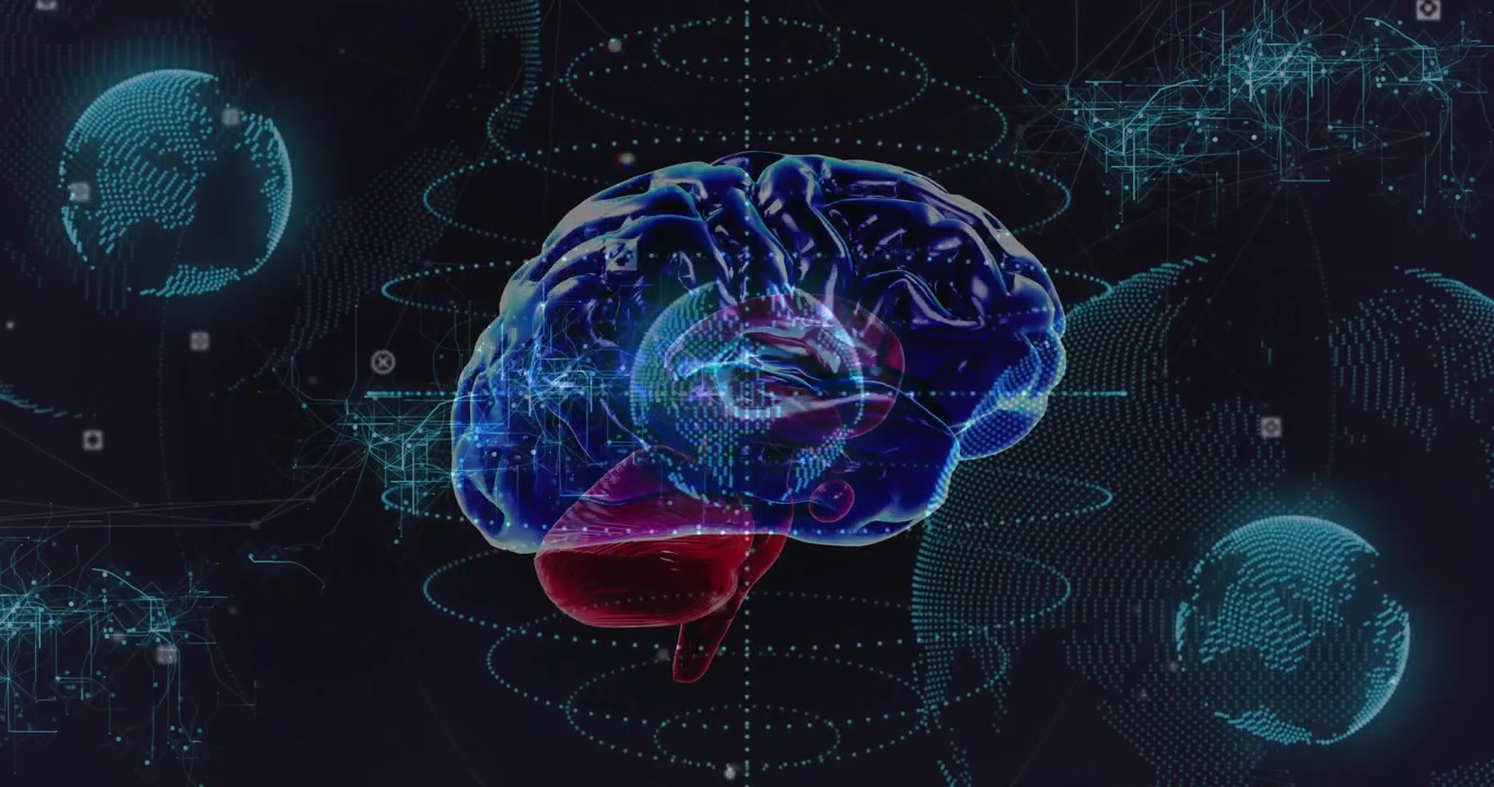 Brain model floating in dark virtual space displaying holographic globe meshes and data nodes