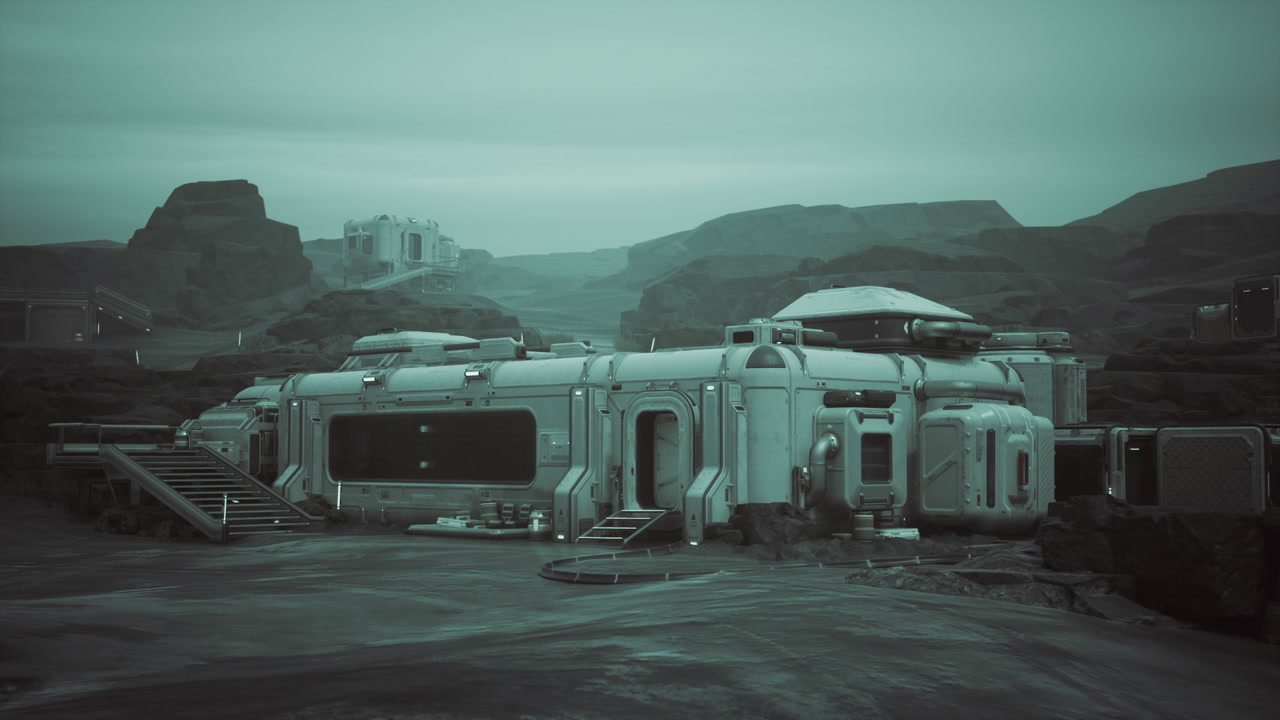 Offgrid research station with teal aesthetic and interconnected structures