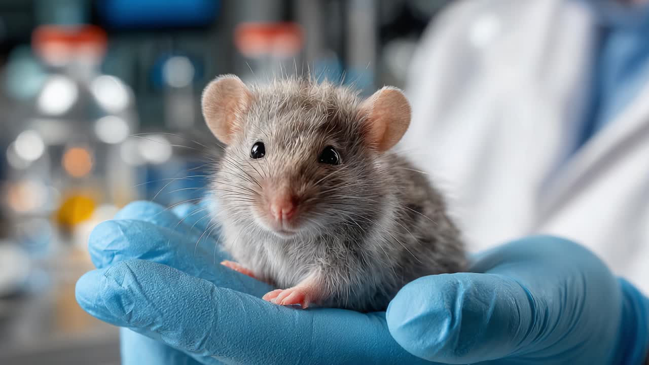 Close-Up of a Small Animal in a Laboratory Setting, Showcasing a Cuddly Mouse Held in a Researcher's Gloved Hand, Highlighting Animal Studies in Science