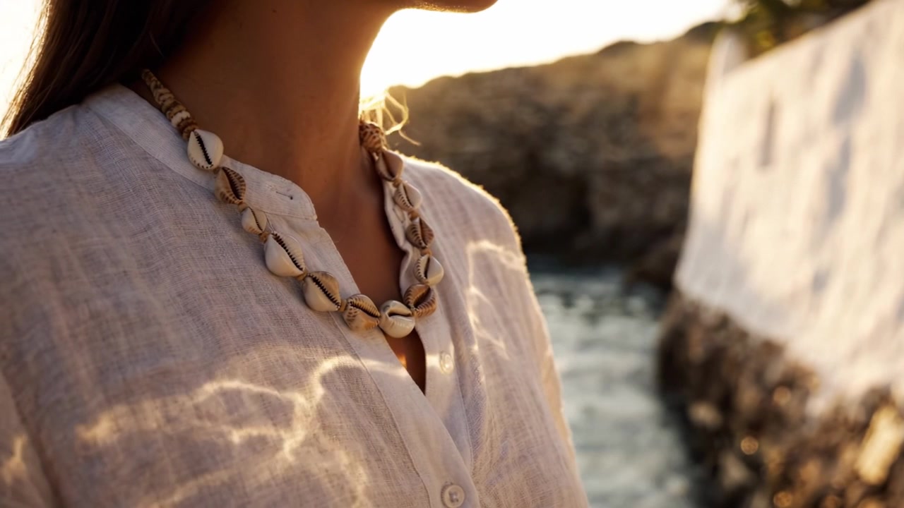 Bagliore del tramonto: un primo piano sereno di una donna adornata con una collana di conchiglie, che cattura la bellezza della natura e il riflesso in riva all'acqua.