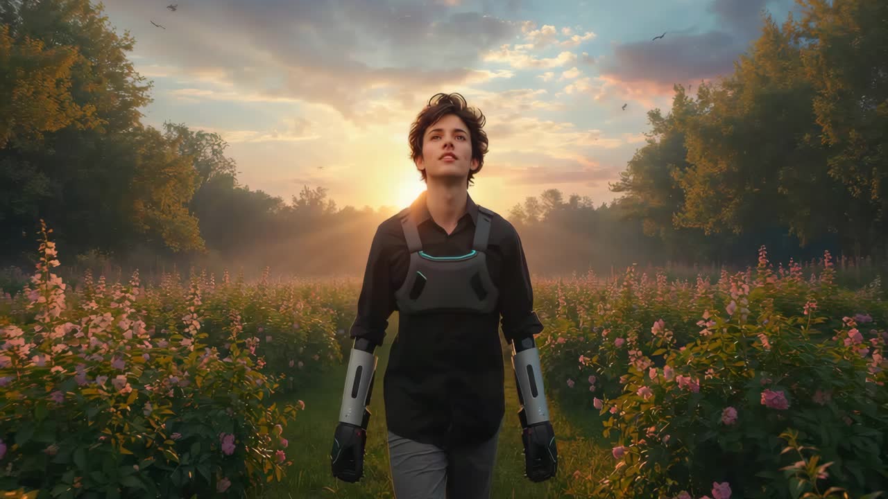 Sunrise spurring adult male striding along pink meadow with glowing chest harness and arm braces